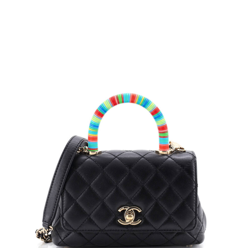 Chanel Extra Mini Coco Top Handle Bag Quilted Goatskin with Multicolor Handle